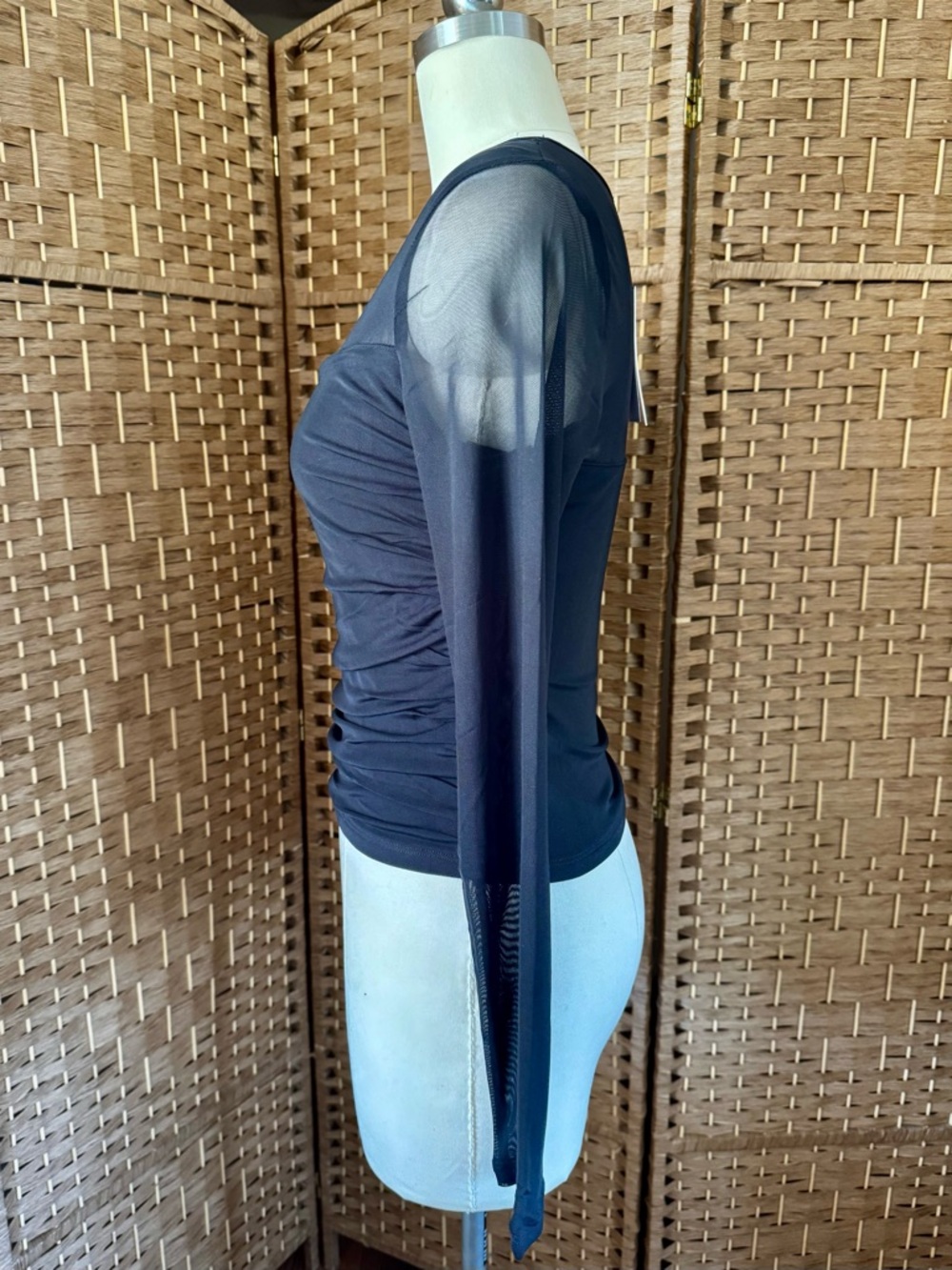 NWT Evolutionary black mesh side ruched top L - Picture 7 of 13